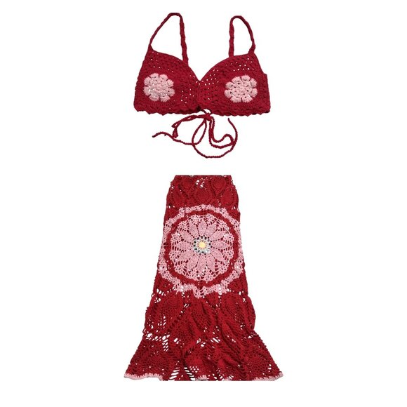 Oceanus Bella Crochet Co-ord Set in Red - Picture 1 of 9